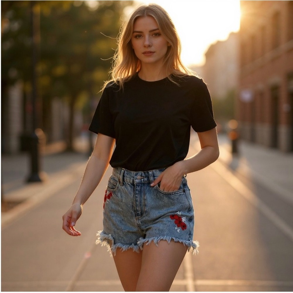 Marine Layer Denim Cutoff Shorts Womens 26 Sasha Flower Stitch High Rise Raw Hem